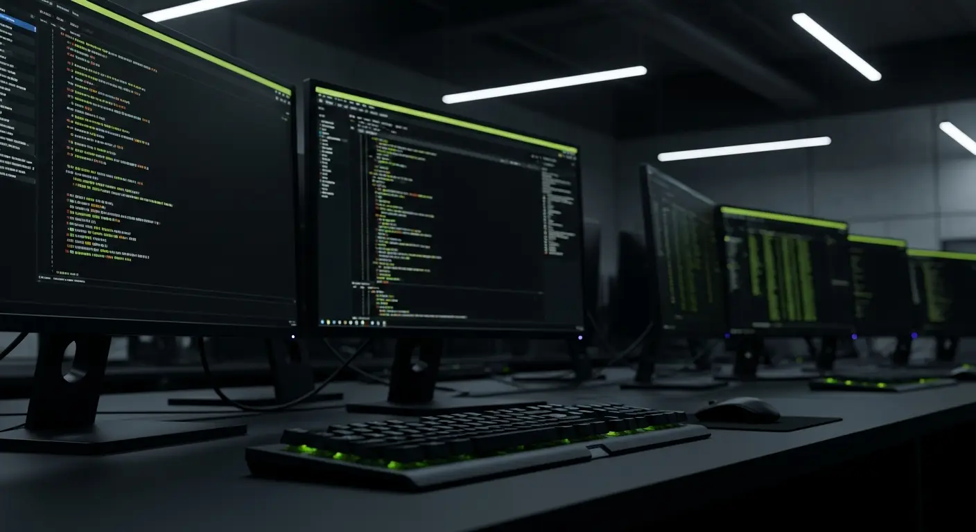 Postazione di sviluppo software a Torino, doppio monitor con codice